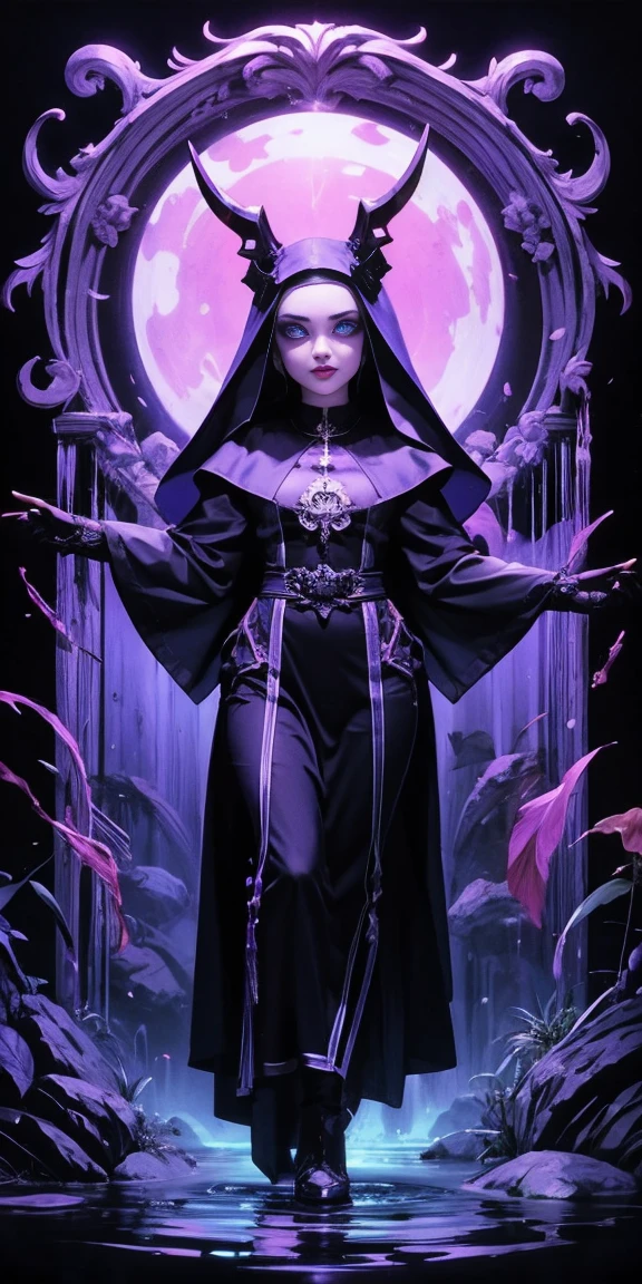 (limited palette:neon blue and violet ),sexy nun, bare chested, devil horns \(large\), highly detailed, dmt, witch, geodes, glowing eyes, light flowing in and out of her body, flowing glowing water, metal, frog, art nouveau