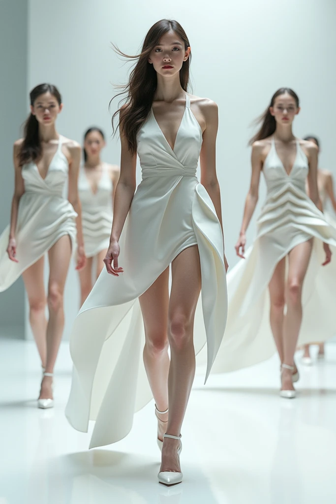 tmasterpiece,A fashion show,A beautiful female model walks the catwalk,walking to a viewer,Expression sexy seduction,Superstar,Wear sexy fashion,The perfect art of costume design,Great stage art,Dramatic expressions,Ceramic-white skin,Stand in a luxurious interior,Full-body standing,detail in face,Detailed body part details,8k wallpaper,Supermodel,Light and shadow follow,Realistic cinematic lighting,Perfect dramatic composition,Great fashion art,Paris Fashion Week
