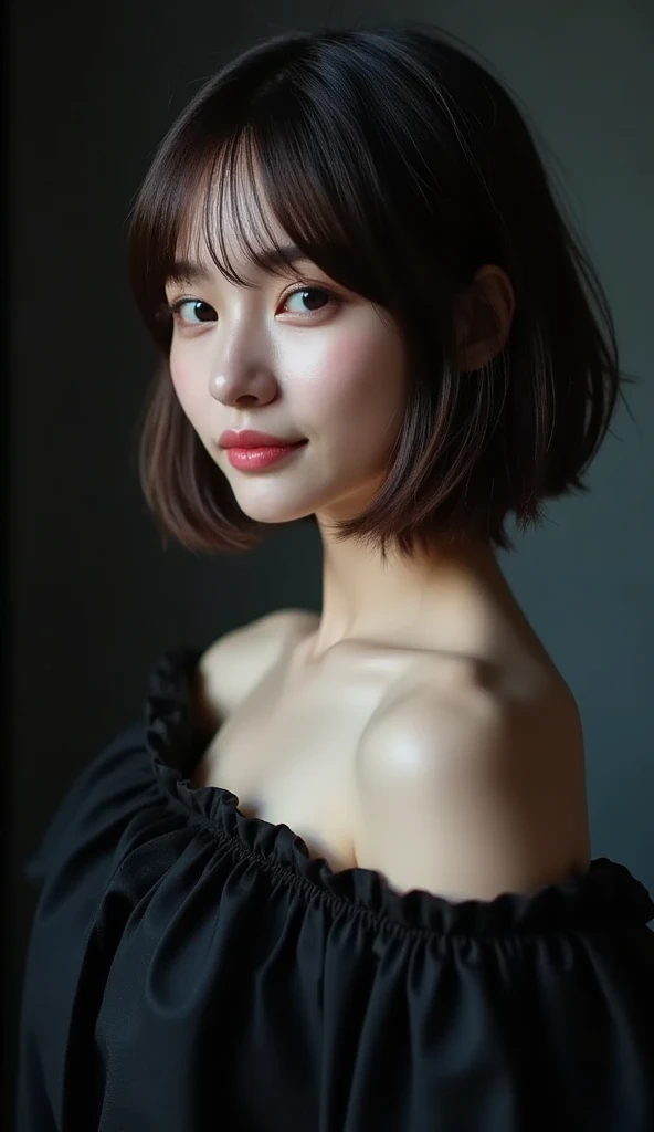 Best quality, masterpiece, ultra high res, (photorealistic:1.5), raw photo, 1girl, offshoulder, in the dark, deep shadow, low key, cold light, sexy look, short hair