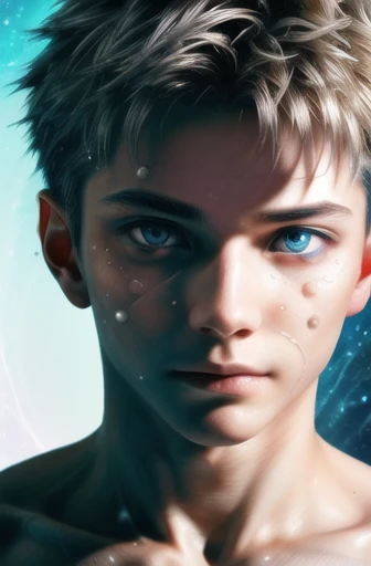 8K rendering, masterpiece, ultra realistic, ultra detailed, boy with a sad look exuding bright blue particles through the dark room --auto --s2