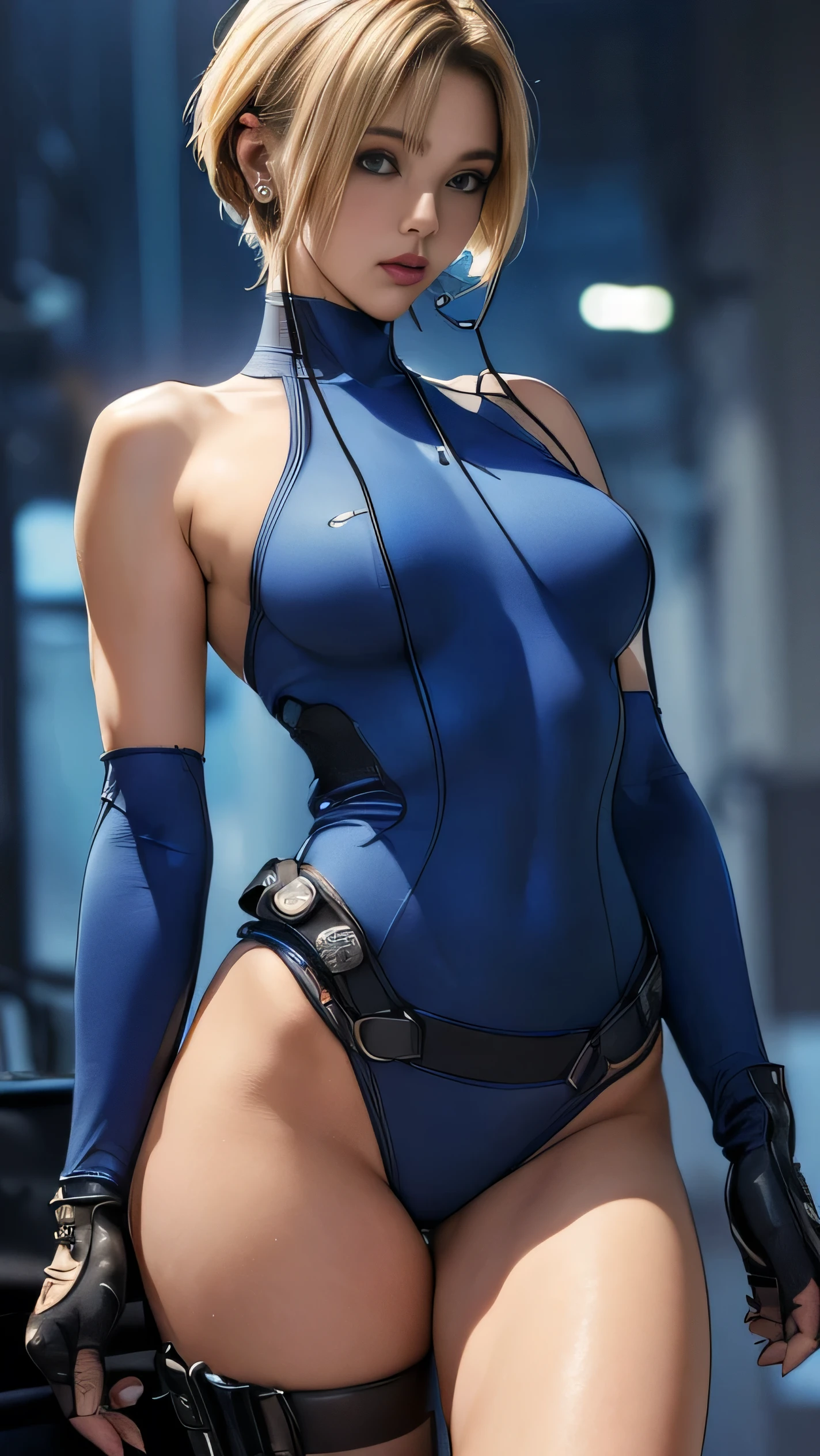 (A woman),(((A female member of the Future Force rides a motorcycle))),((Navy blue tactical high leg bodysuit:1.5)),((earphone:1.5)),((Tactical Holster:1.5)),(Gloves:1.5),(Serious:1.5),(Super short hair:1.5),(bionde:1.5),(beautiful eyes:1.3),(Very detailedな顔:1.5),((Very detailed drawing of a female hand:1.5)),((muscular:1.5)),(Sexy appearance:1.5),((Thick thighs:1.5)),(Beautiful Body:1.5),((Very sensual:1.5)),(Background is hanger:1.5),(Cyberpunk atmosphere:1.5),(((Blurred Background:1.5))),(Written border depth:1.5),rest(((masterpiece:1.5),(best quality:1.5),(Very detailed:1.5),(high resolution:1.5),(Practical:1.5),(Practical:1.5),(Delicate depiction),(Carefully drawn))),8k,wallpaper