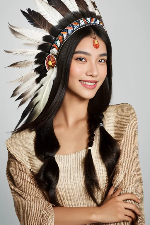  native American , Front View,  P－Trait 、 pretty girl  , 20 years old, ( black hair,  long two string hair brown eyes, Smile), in traditional Indian style costume, Sandals, Feather headdress,Background gray、 ( super detailed,   high detail ,  High Quality , Accurate, 解剖学的にAccurate, textured skin, beautiful fingers  super detailed,   high detail ,  High Quality , 最 High Quality )