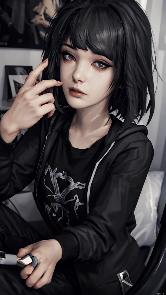 Maxine Caufield, 1-person, black lipstick, eyeliner, eye shadow, mascara, smoky eyes, black lips, natural lighting, black lips, sweatshirt, sweetheart, realistic, perfect, excellent quality, high definition, RAW, hood-up, concealed identity, tired eyes, baggy eyes, selfie expression, solo., realism, HD, 4K, 8K, UHD, anatomically correct, masterpiece, accurate, high quality, highres, award winning, super detail, looking at viewer, humanoid, 5 fingers each hand, pair of hands