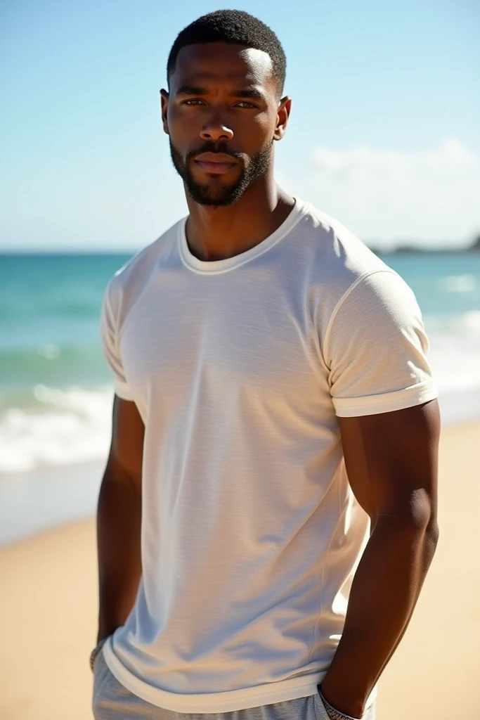 ((best quality)), ((masterpiece)), ((highres)), ((perfect photograph)), ((realistic)), (perfect face), handsome black man wearing a straight white shirt, no pockets on white shirt, standing square in front of the camera on a beach, wearing a hat, short dreads, smiling, hand in pocket of black shorts, sunny day