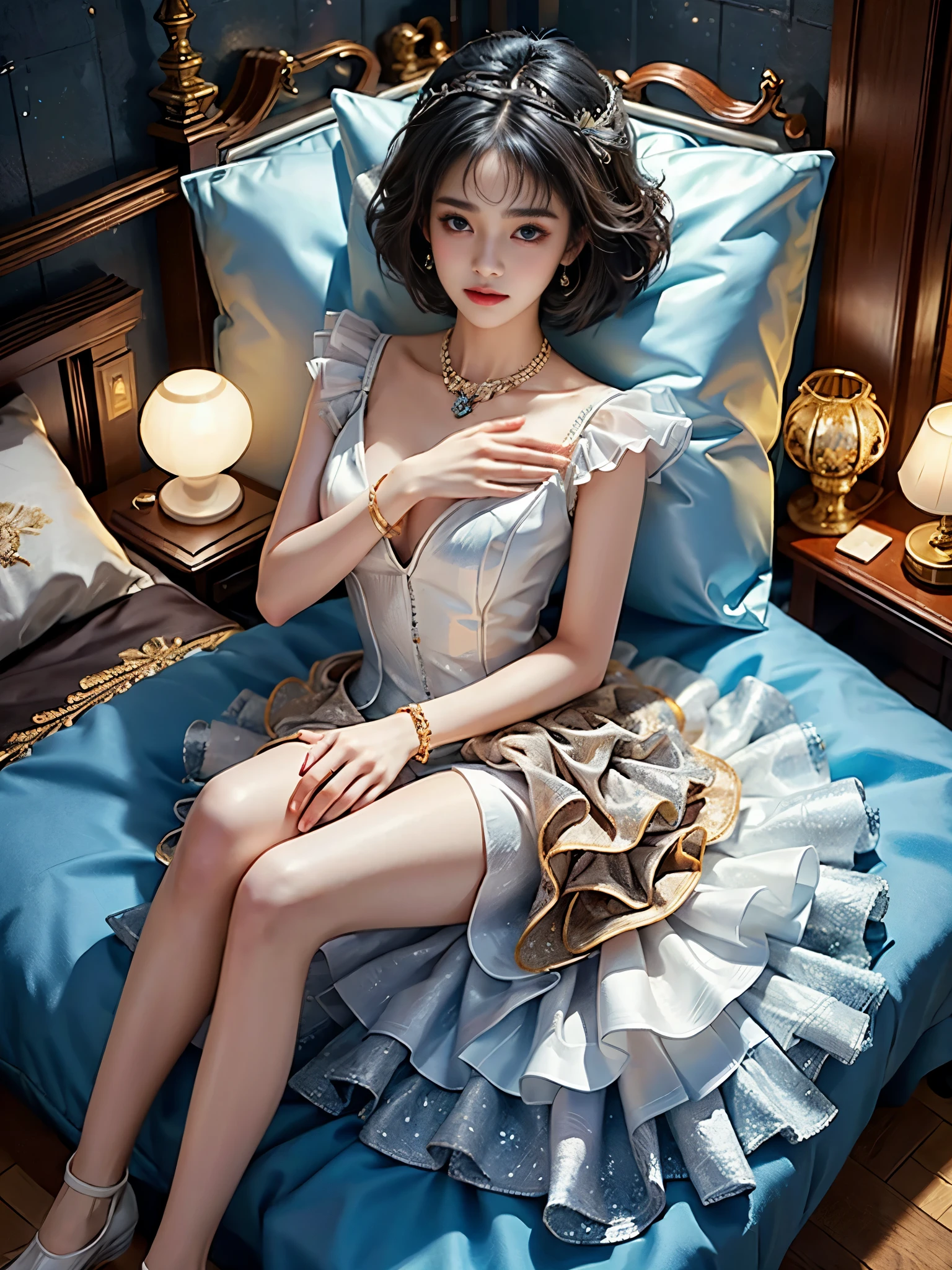 idol clothes ((full body)), ((from above)), ((Satellite view)), ((Lying in bed)), clear face, pretty face, 8k, masterpiece, original photo, best quality, detail:1.2,lifelike, detail, Very detailed, CG, unified, wallpapers, depth of field, movie light, lens flare, Ray tracing, (extremely beautiful face, beautiful lips, beautiful eyes), intricate, detail's face, ((ultra detailed skin)), 1 girl, in the darkness, deep shadow, beautiful korean girl, kpop idol,(Very slim figure:1.3), A plump chest, Large breasts, Slender sexy legs, Very nice legs, elegant posture, (bright smile), (City night, (neon lights), (night), beautiful korean girl, white diamond earrings, Diameter bracelet, Dia necklace, clear eyes, (big eyes)