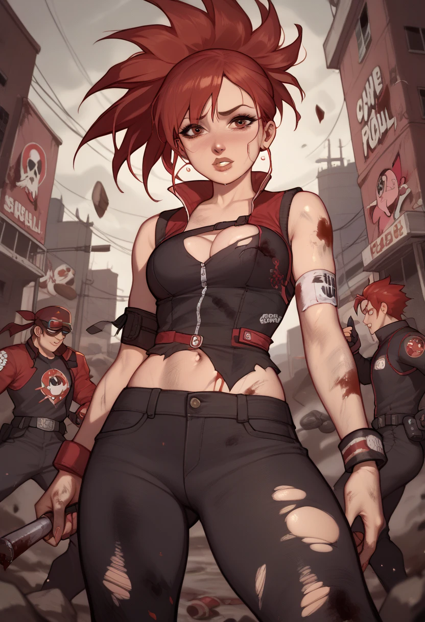  Akazutsumi from the Powerpuffs as an adult-themed violent action anime, red hair:1.2,  Sexy Powerpuff Anime ,  damage and wear from bloody battle ,  ecchi Damaged and torn clothing ,  pink and black clothes , standing ,closed fists, Apocalyptic Warfield 