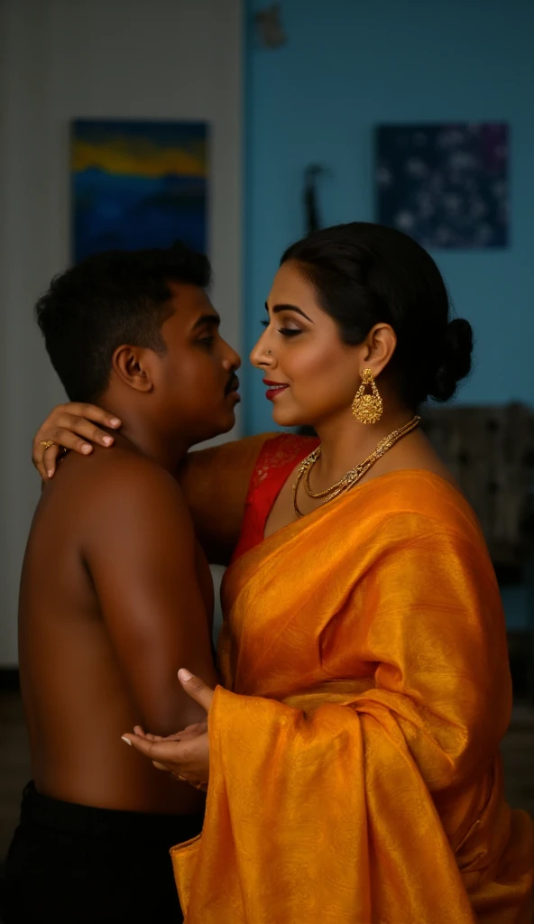 A 25 year old beautiful South Indian plus sized blue colour glittered skirt and blue colour chiffon blouse wearing teacher and her friend kissing a 68 year old man in bed room,