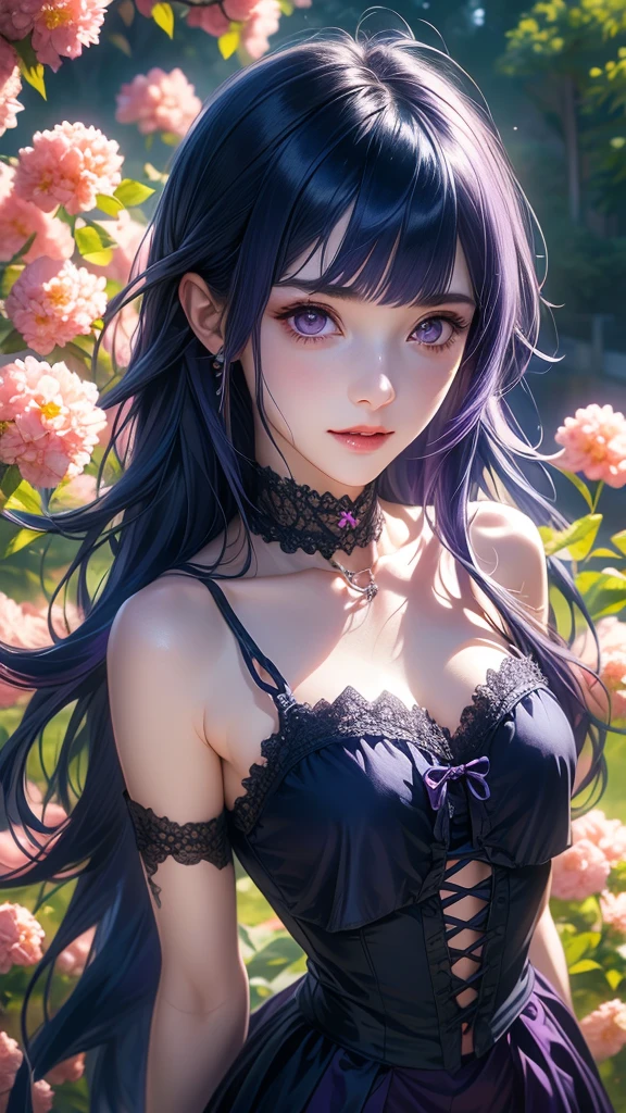 (Absurd, High resolution, Super detailed), masterpiece, Hinata(bolt), ((alone)), One girl,Medium chest, Long purple Victorian dress, Mouth closed, (((Long Hair))),Are standing, Bodice and skirt patterns, Frilled Skirt, race, Blinking blinking effect, (((Detailed lips))), garden, Pink and yellow flowers, ((Realistic Skin)), Glowing Skin, ((Glossy Red Lips)), Purple eyes, Portraiture, beautiful, smile, (((Dark blue hair))), Bust Crop, Normal skin