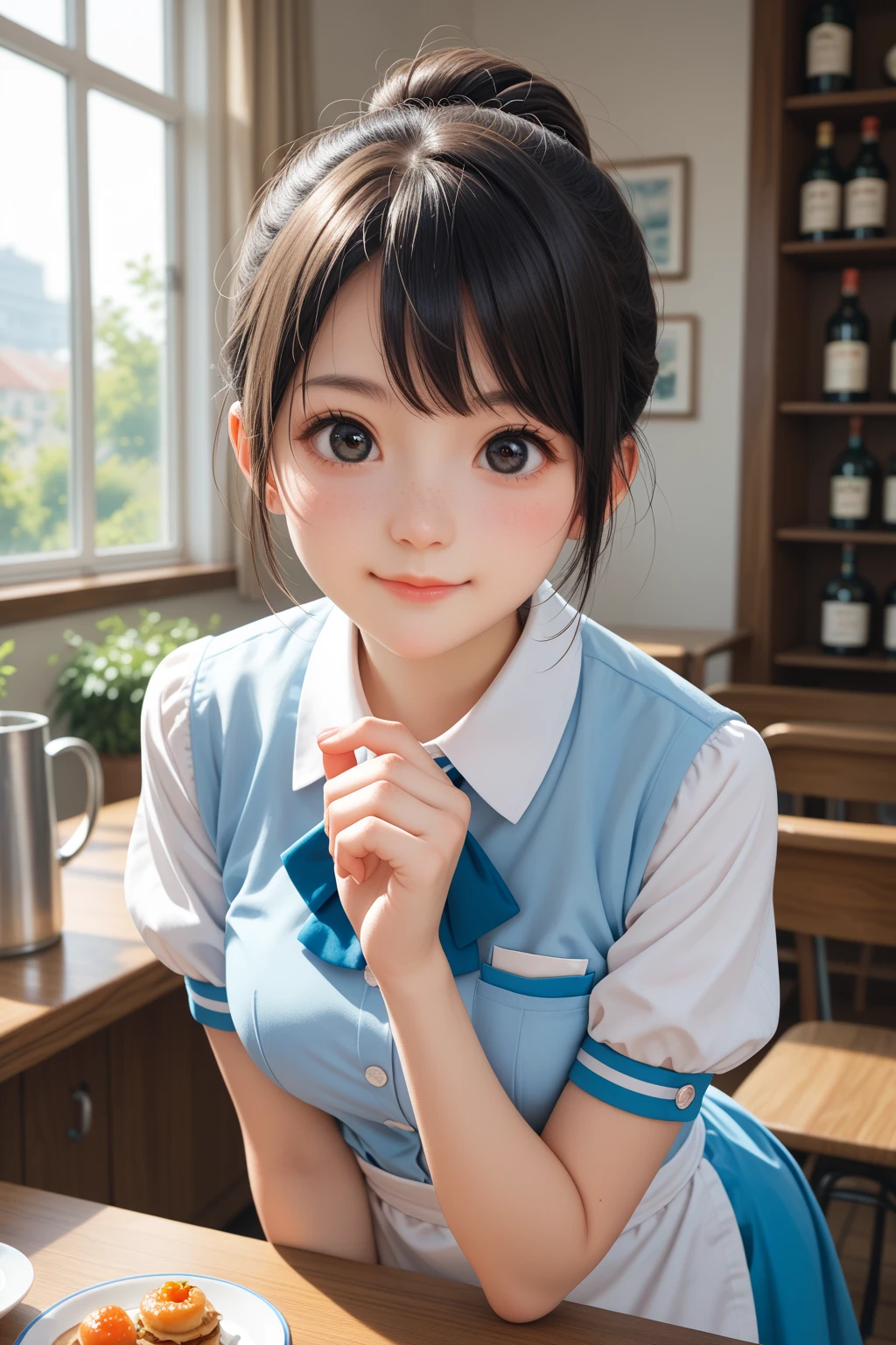 score_9,score_8_up,score_7_up,BREAK, rating_safe,source_real,one girl,tiny,medium shot,round face,round chin,big eyes,idol eyes,black eyes,waitress uniform,small nose,small mouth,straight hair,smile,looking at viewer,medium breasts,indoors