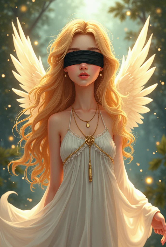 painting of a woman with angel wings and a blindfold, neoartcore and charlie bowater, with a red halo over her head, angel with black wings, beeple and jeremiah ketner, wearing angel halo, angel girl, artwork in the style of guweiz, angelic and unsettling, angelic halo, valentina remenar, tron angel, angel halo