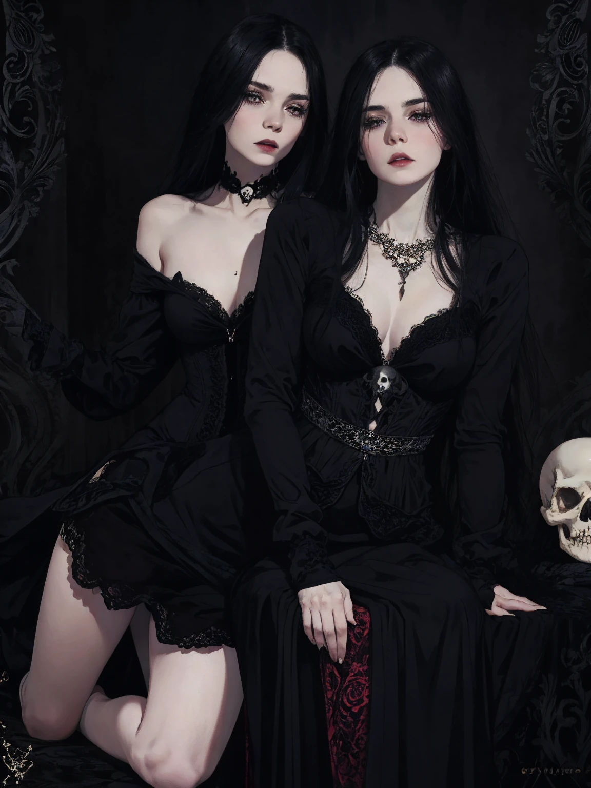 a gothic witch sitting on a chair, long black hair, big blue eyes, gothic black dress, boots, in a witch lair, night, shadows, extremely detailed face, exquisite detailed eyes, delicate facial features, full lips, dramatic lighting, moody atmosphere, dark and mystical, ethereal, fantasy, cinematic, dramatic shadows, candlelight, highly detailed, detailed clothing, intricate, photorealistic, 8k, masterpiece.