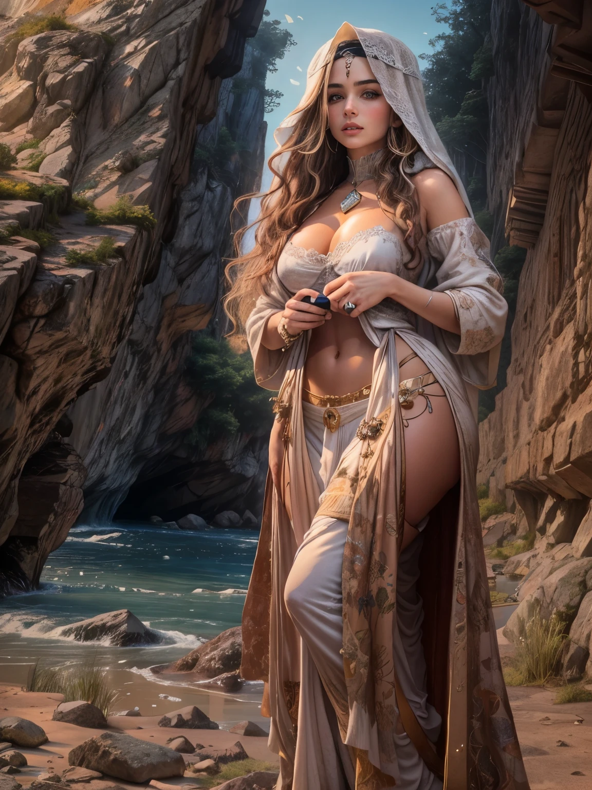 Cette photo capture une belle scène, avec des détails plus que merveilleux, deux femmes arabes, la première portant un pantalon moulant et une chemise transparente déchirée, debout à l'entrée de la grotte avec une lanterne arabe à la main, et la seconde portant une robe sexy. et dormant au sommet d'un vieux coffre au trésor, le trésor est au sol, lieu : Une grotte surplombant la mer Il y a un vieux bateau pirate échoué parmi les rochers et les vagues. Voici des squelettes de pirates, un éclairage tamisé, un coucher de soleil, une photo parfaite en résolution.