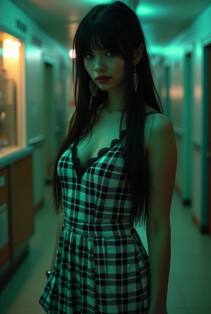 teen russian girl with black long smooth hair with bangs wearing a black dress inside a modern restaurant, a vibe of luxury and wealth, luxury Aesthetic, black aesthetic, Dark luxury Aesthetic 
