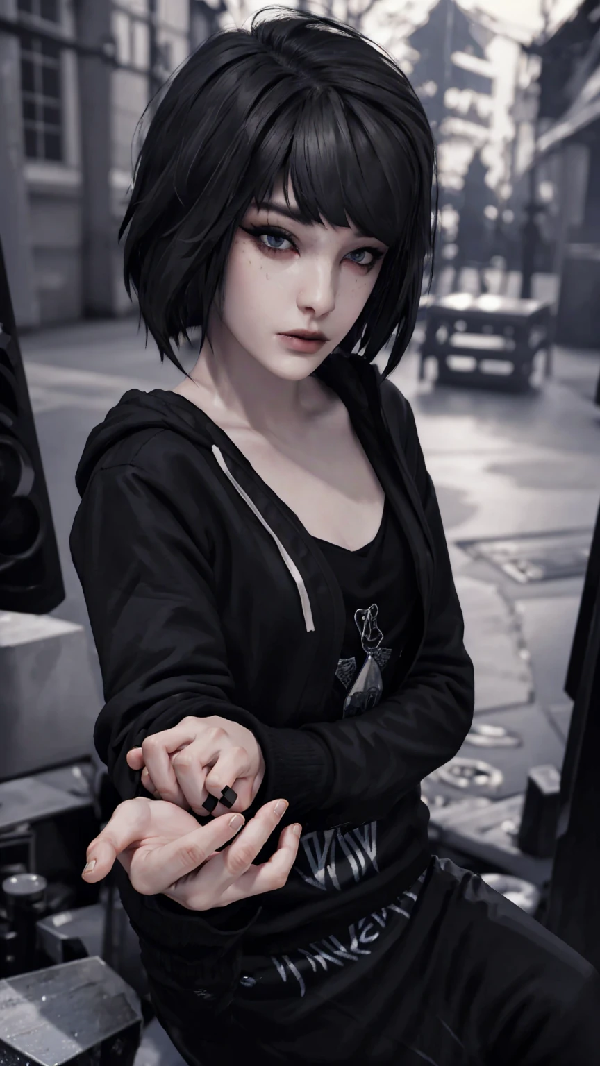 Maxine Caufield, 1-person, black lipstick, eyeliner, eye shadow, mascara, smoky eyes, black lips, natural lighting, black lips, sweatshirt, sweetheart, realistic, perfect, excellent quality, high definition, RAW, hood-up, concealed identity, tired eyes, baggy eyes, selfie expression, solo., realism, HD, 4K, 8K, UHD, anatomically correct, masterpiece, accurate, high quality, highres, award winning, super detail, looking at viewer, humanoid, 5 fingers each hand, pair of hands, depth of field, photographic