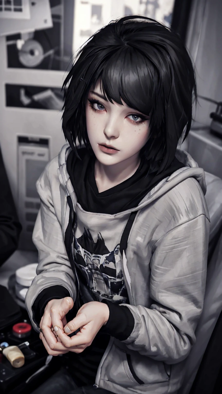 Maxine Caufield, 1-person, black lipstick, eyeliner, eye shadow, mascara, smoky eyes, black lips, natural lighting, black lips, sweatshirt, sweetheart, realistic, perfect, excellent quality, high definition, RAW, hood-up, concealed identity, tired eyes, baggy eyes, selfie expression, solo., realism, HD, 4K, 8K, UHD, anatomically correct, masterpiece, accurate, high quality, highres, award winning, super detail, looking at viewer, humanoid, 5 fingers each hand, pair of hands, depth of field, photographic