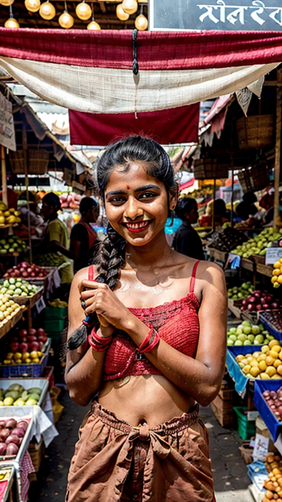 Indian A girl selling fruits at the Brahmapuri Taluka Market in Chandrapur district in the Indian state of Maharashtra.