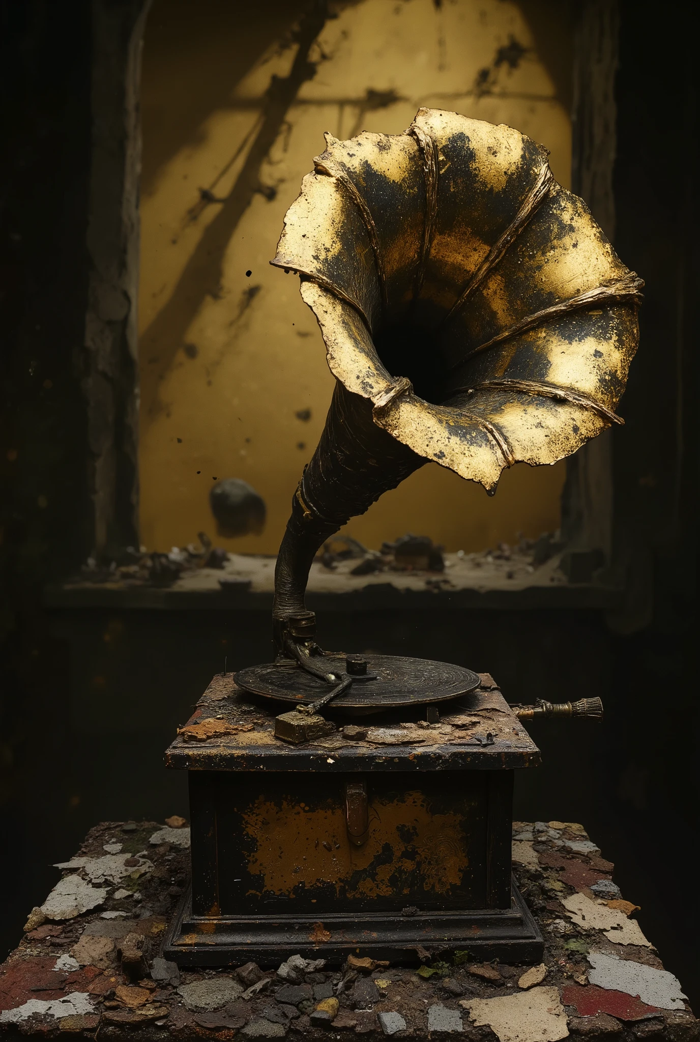 A broken and battered old gramophone beautifully displayed in a dark house\(old, no one lives anymore\). Light shines through the cracks in the wall and illuminates the gramophone beautifully. dust drifting in the air. no one is there to listen to it anymore, lonely atmosphere..great advertisement photo. golden hour.