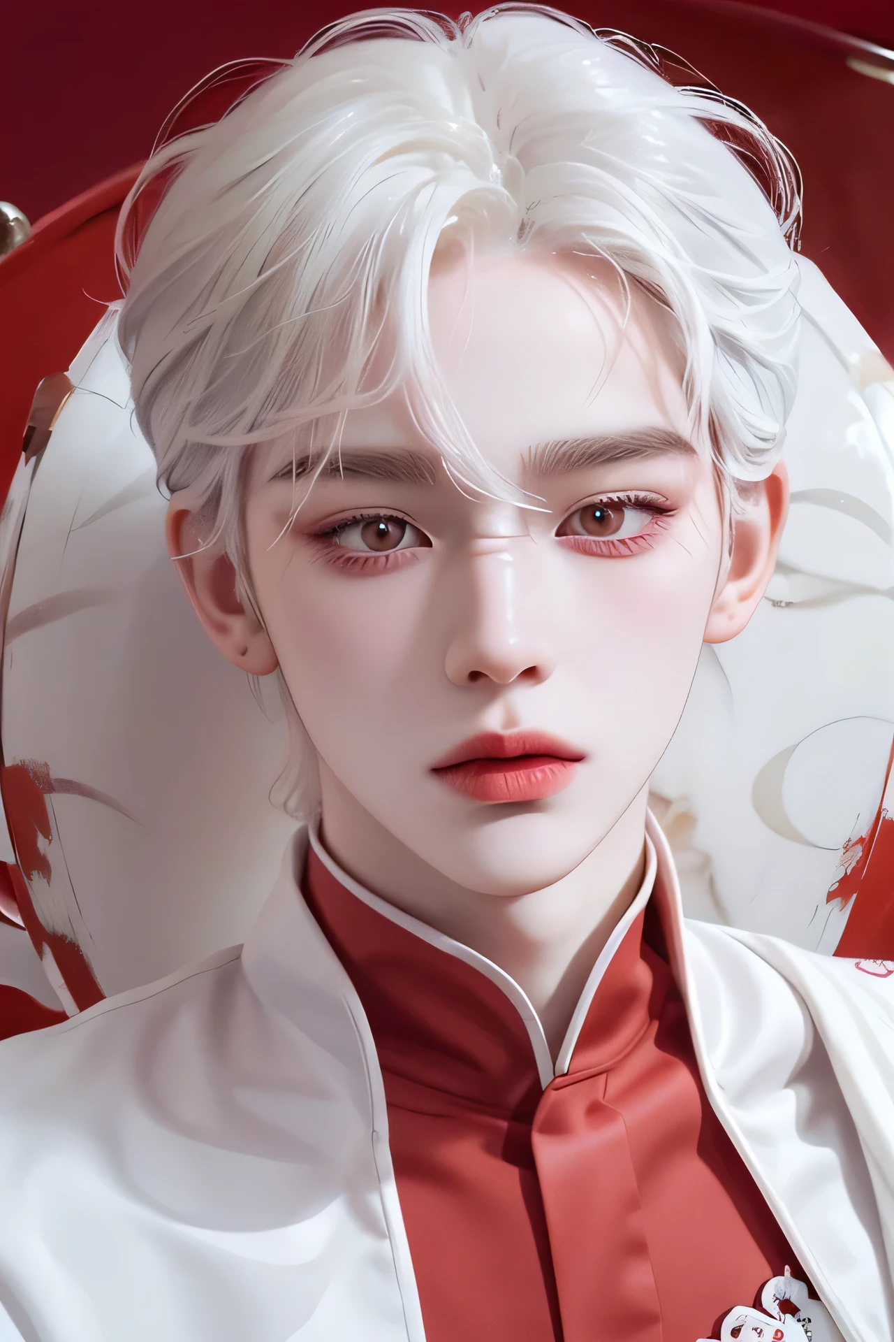 Primer plano de un man, , man, man delicado,  white hair, eyes color crimson , eyes color rojo, red eyes, red eyes, eyes color ((crimson )), sharp features, traits,  white skin , a flower in the hair,  white skin  de porcelana pálida, pale porcelain skin,  white skin  de porcelana,  pale milky white porcelain skin , pale and shiny skin. white shirt.