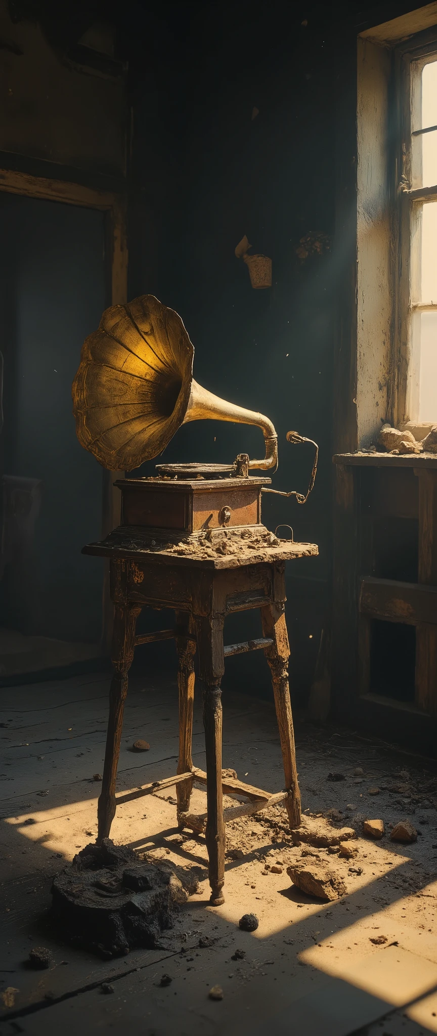 A broken and battered old gramophone beautifully displayed in a dark house\(old, no one lives anymore\). Light shines through the cracks in the wall and illuminates the gramophone beautifully. dust drifting in the air. no one is there to listen to it anymore, lonely atmosphere..great advertisement photo. golden hour.great focus on record player, beautiful bokeh