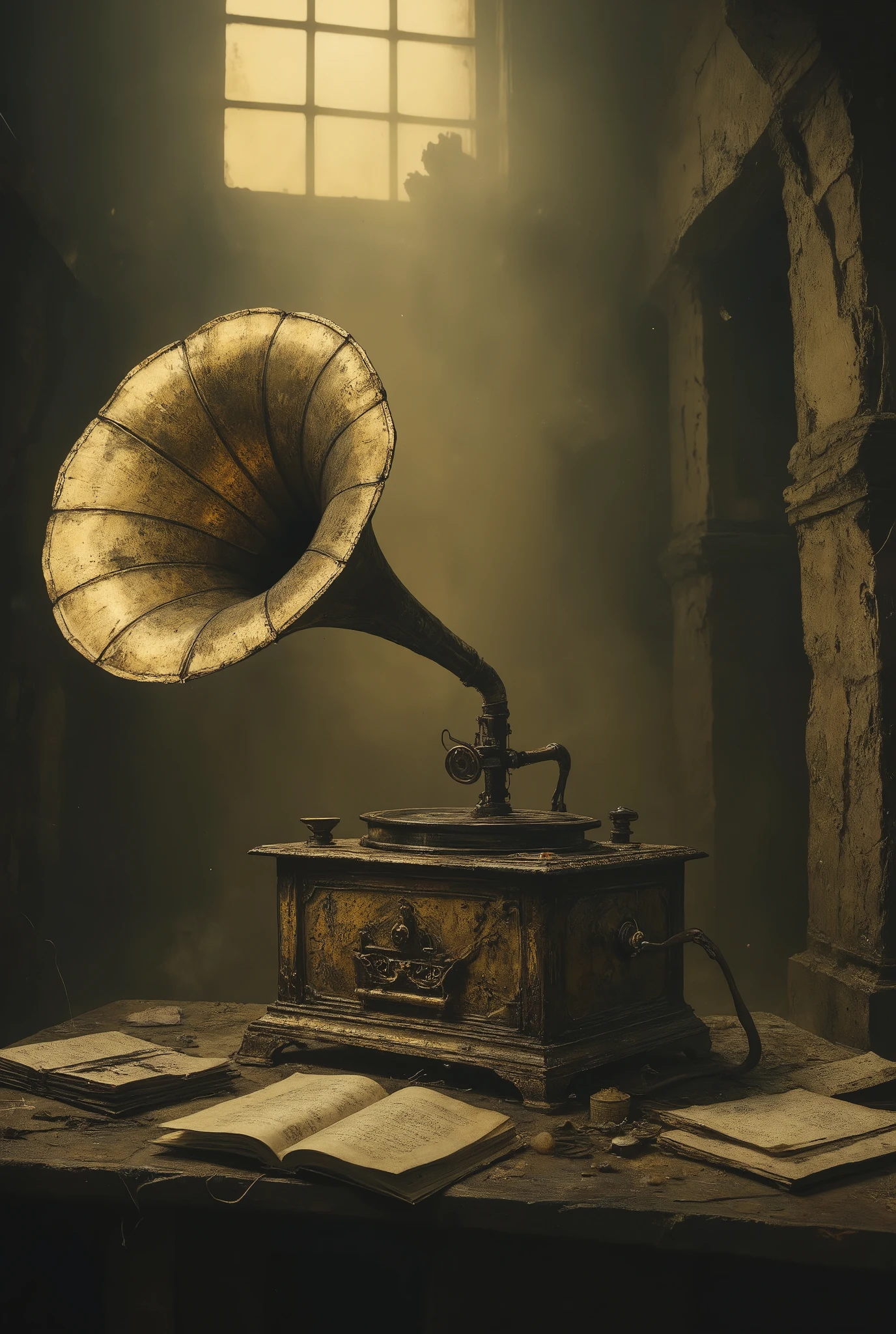 A broken and battered old gramophone beautifully displayed in a dark house\(old, no one lives anymore\). Light shines through the cracks in the wall and illuminates the gramophone beautifully. dust drifting in the air. no one is there to listen to it anymore, lonely atmosphere..great advertisement photo. golden hour.great focus on record player, beautiful bokeh.very effective camera work.