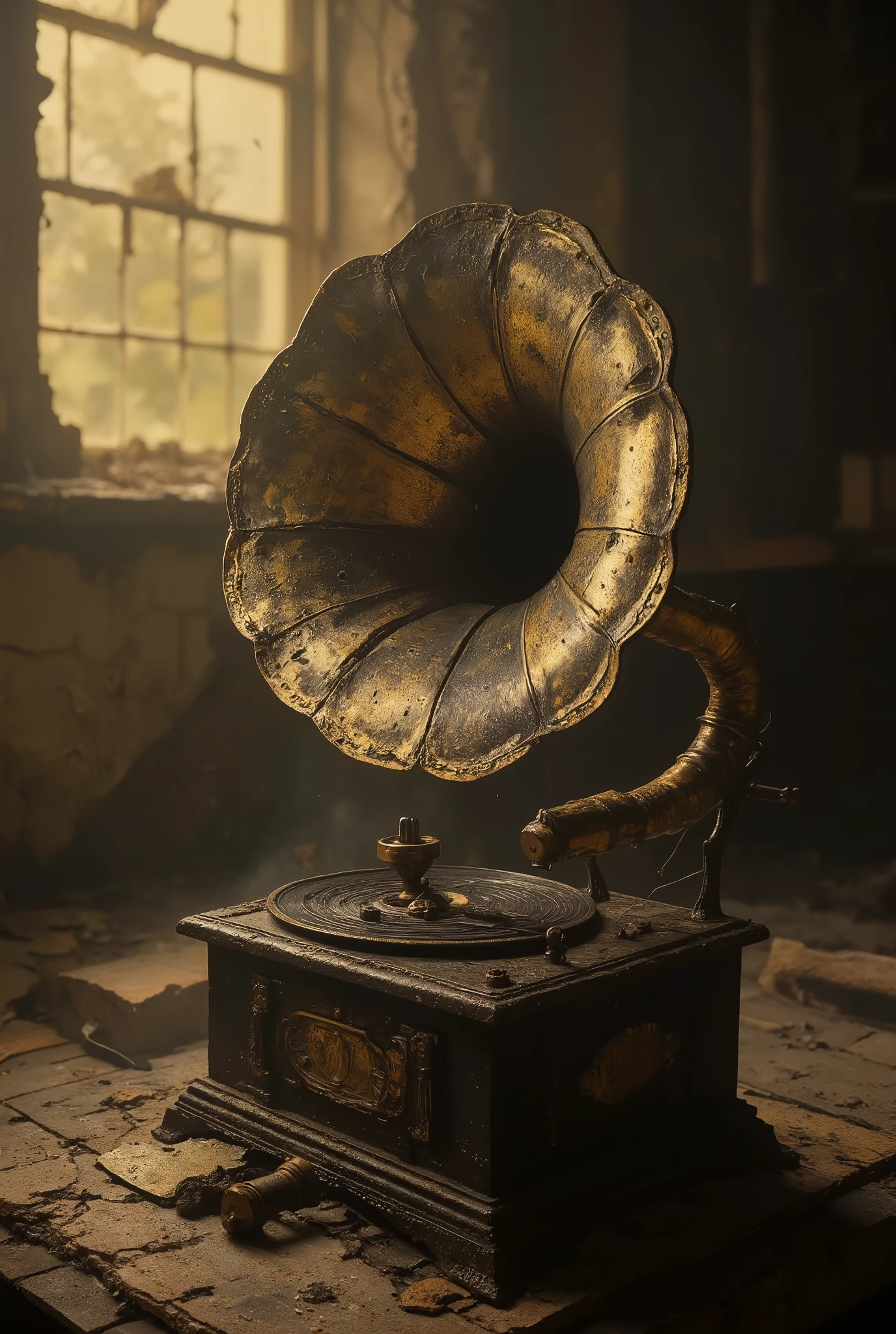 A broken and battered old gramophone beautifully displayed in a dark house\(old, no one lives anymore\). Light shines through the cracks in the wall and illuminates the gramophone beautifully. dust drifting in the air. no one is there to listen to it anymore, lonely atmosphere..great advertisement photo. golden hour.