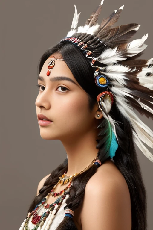  native American girl , Front View,  Portrait, pretty girl  , 20-age, ( black hair,  two black,  brown eyes, shell neckless), light brown skin, in traditional Indian style costume, Sandals, Feather headdress,Background gray、 ( super detailed,   high detail ,  High Quality , Accurate,  textured skin, beautiful fingers  super detailed,   high detail ,  High Quality , High Quality )