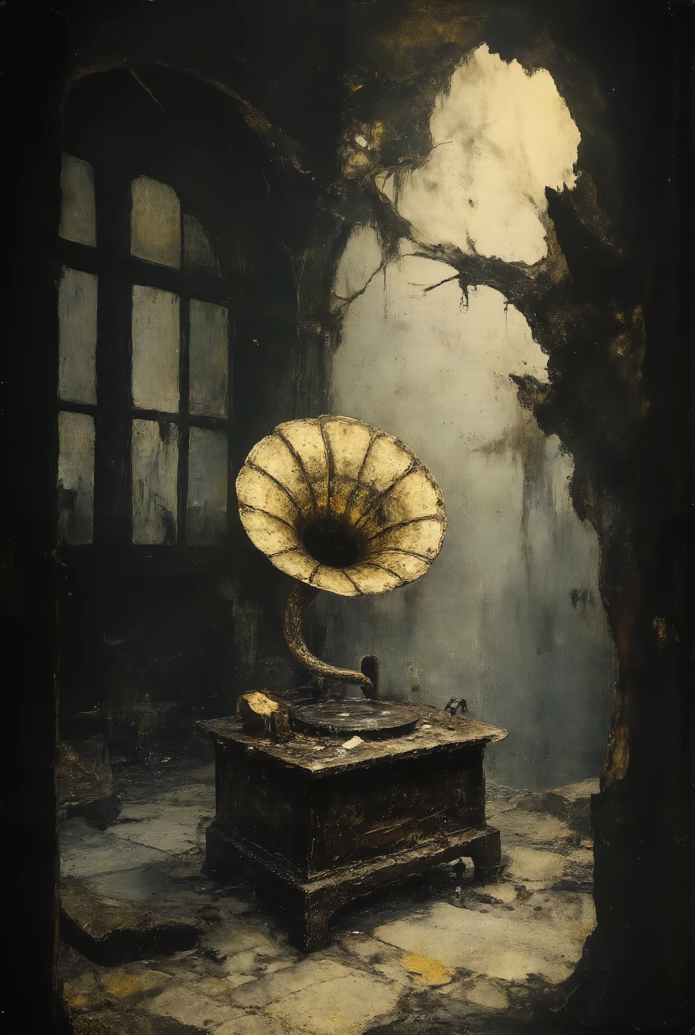 A broken and battered old gramophone is displayed in a dark house\(old and no one lives there anymore\). Light shines through the cracks in the wall and illuminates the gramophone beautifully, dust is drifting in the air, no one is there to listen to it anymore, lonely atmosphere.