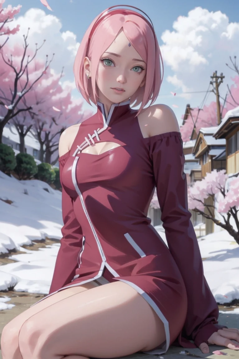 tmasterpiece， Best quality at best， 1girl， Sakura Haruno， small breasts，Off-the-shoulder attire，（cleavage)，（upperbody)，Raised sexy，is shy，ssmile，with pink hair，short hair， （Green eyeballs:1.4)， Forehead protection， the cherry trees，Cherry blossoms flying，Red clothes，Zipper half, sitting on the ground