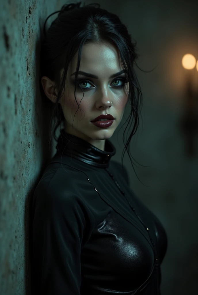 (((ultra realistic))) Photo, masterpiece, top quality, (pale skin), (Ultra detailed face and eyes:1.2), Bright eyes, 1 girl, brassiere, gloomy atmosphere, Dark background, (Eye makeup, mascara) , ((Dark wavy hair)) , ((Stylish hairstyle)) , (Natural breasts), (A slight smile), ((Posing)), photoshoot, studio (Contour lighting), (The play of light and shadows), depth of field, bokeh, (special attention to skin detail: 1.2), Detailed leather texture, skin pores, ((Тёмная и gloomy atmosphere кадра. color scheme - black, Gray, Ashen, blue tones)), ((Film grain, VHS effect)), ((rays)) , ((waist up portrait, close to the camera)) , ultra detialed,