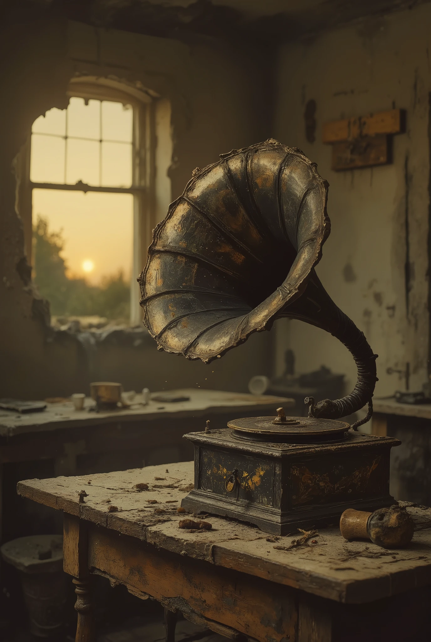 A broken and battered old gramophone beautifully displayed in a dark house\(old, no one lives anymore\). Light shines through the cracks in the wall and illuminates the gramophone beautifully. dust drifting in the air. no one is there to listen to it anymore, lonely atmosphere..great advertisement photo. golden hour.great focus on record player, beautiful bokeh.very effective camera work.