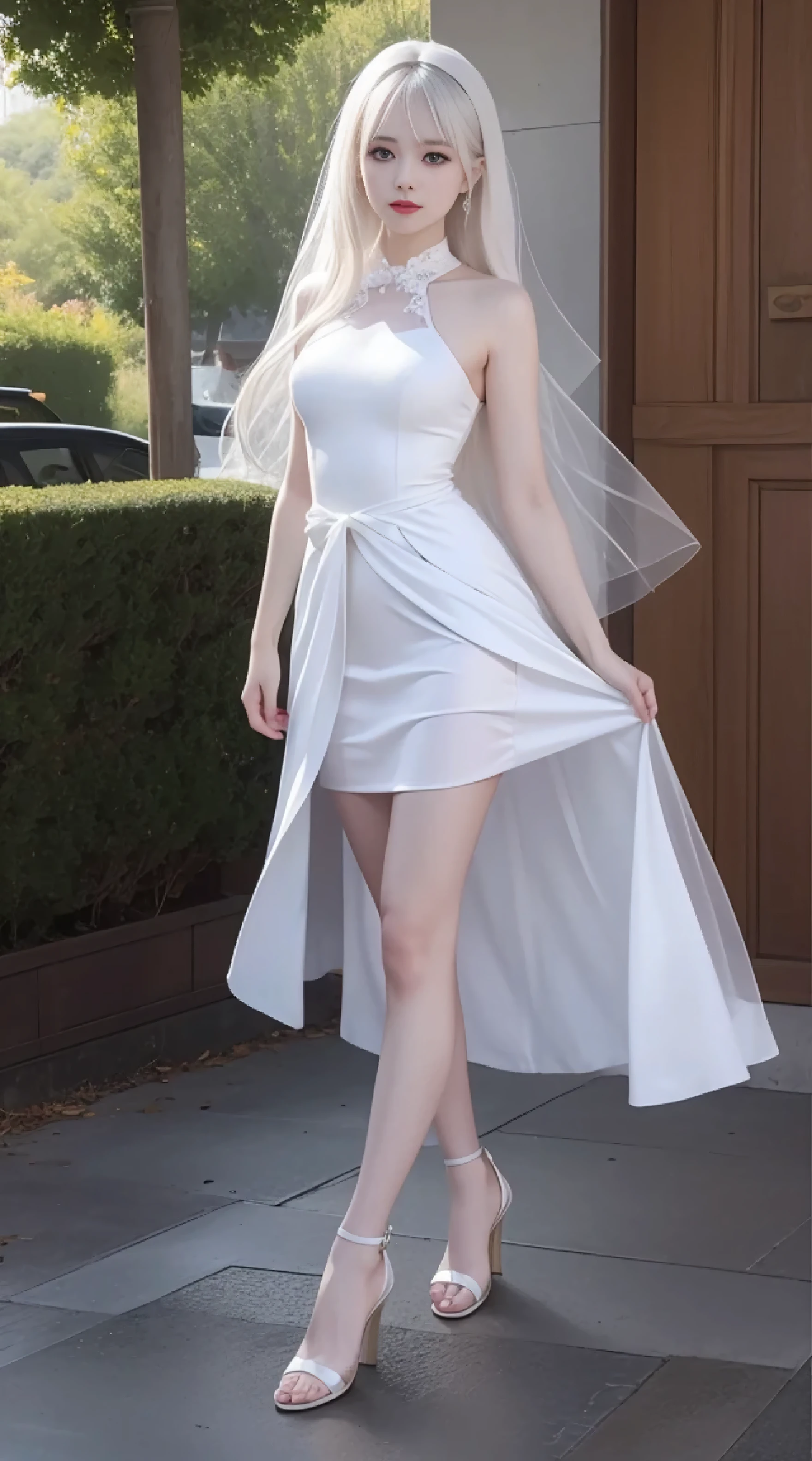 p1nkund3r, bare shoulders, strapless dress, fluffy dress, masterpiece, best quality, Fr3ckles, freckles, long hair, ginger hair, white background, full body,