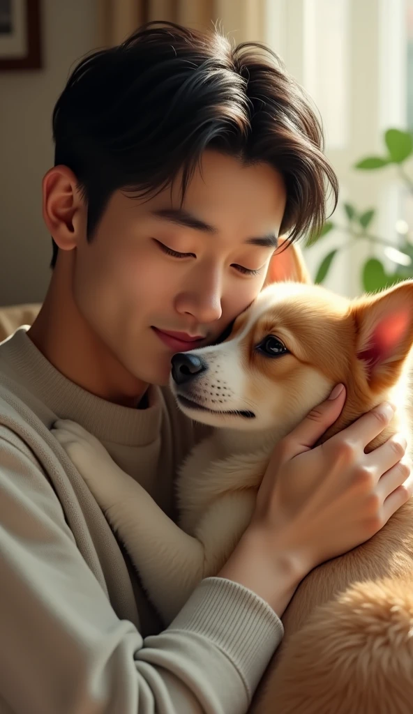 (photorealism:1.2), BTS's Jungkook exactly with his real life face, and a pitbull bitch licking his face