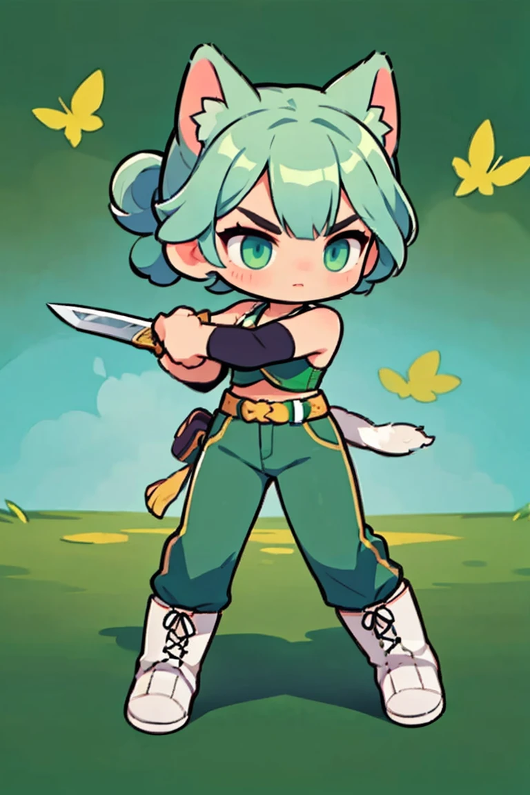  Cute Female Warrior Style , green hair ,  tied hair , cat ears,  Indian style combat uniform costume,  loose green pants , boots,  dark blue eyes ,  Stylish Poses  ,  half side ,  dynamic battle pose,  is holding a combat knife. Landing position,  The act of wielding a sword ,