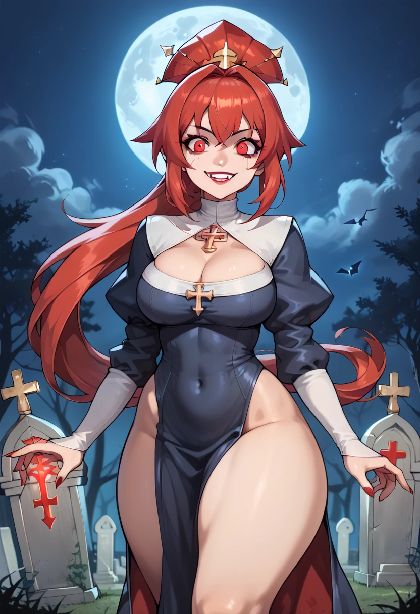 A vampire nun , ( hair white ponytail :1.2)  a headstone ,  cleavage, (bloodied face), (shining_red_eyes), ( malevolent smile :1.2),  thick thighs , ( in the middle of the foggy night in a cemetery), ( partially illuminated by night light :1.2), brilliant red sky, ( best quality ,  High resolution ,  exceptional composition , masterpiece:1.4), 
