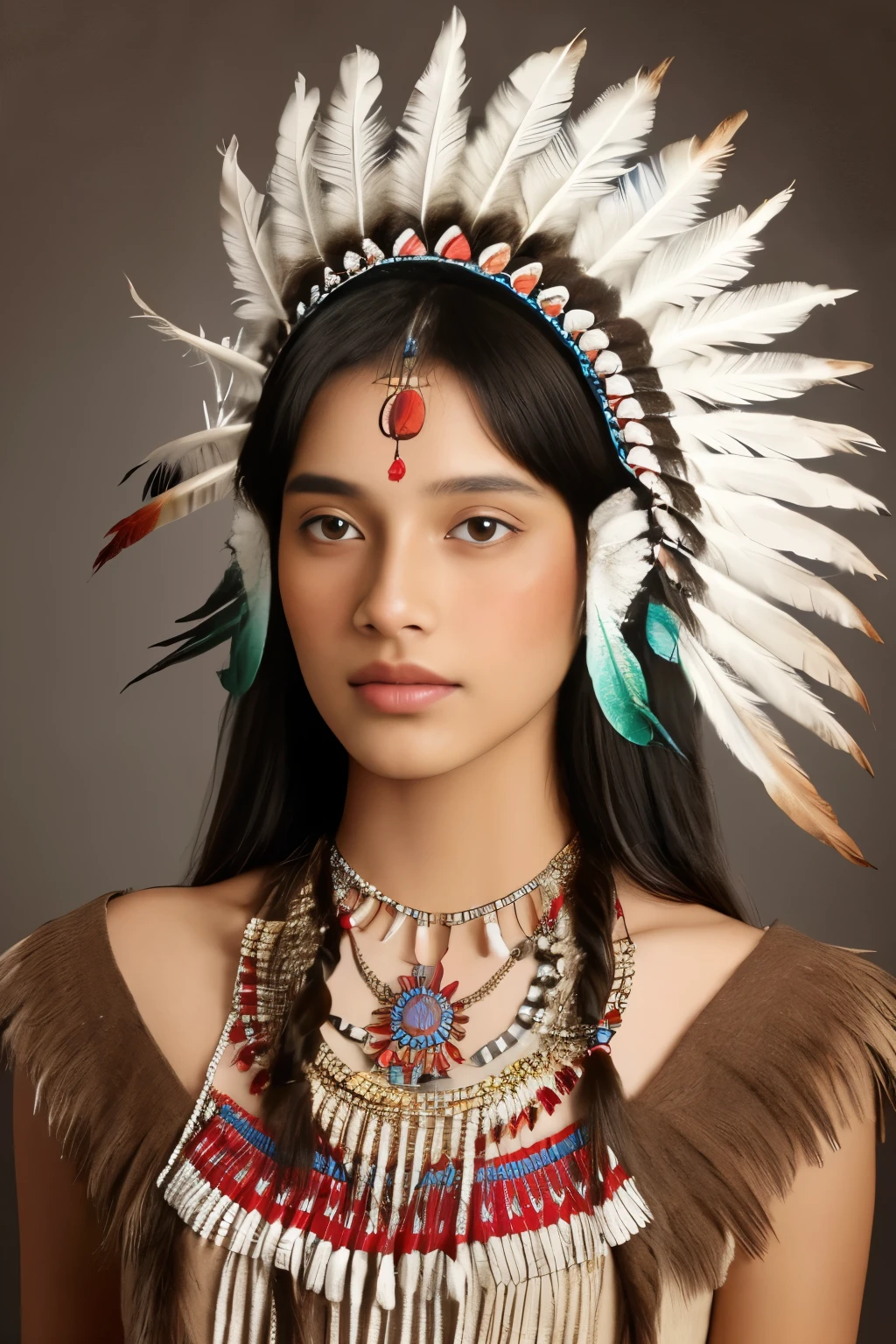  native American girl , Front View,  Portrait, pretty girl  , 20-age, ( black hair,  two black,  brown eyes, shell neckless), light brown skin, in traditional Indian style costume, Sandals, Feather headdress,Background gray、 ( super detailed,   high detail ,  High Quality , Accurate,  textured skin, beautiful fingers  super detailed,   high detail ,  High Quality , High Quality )