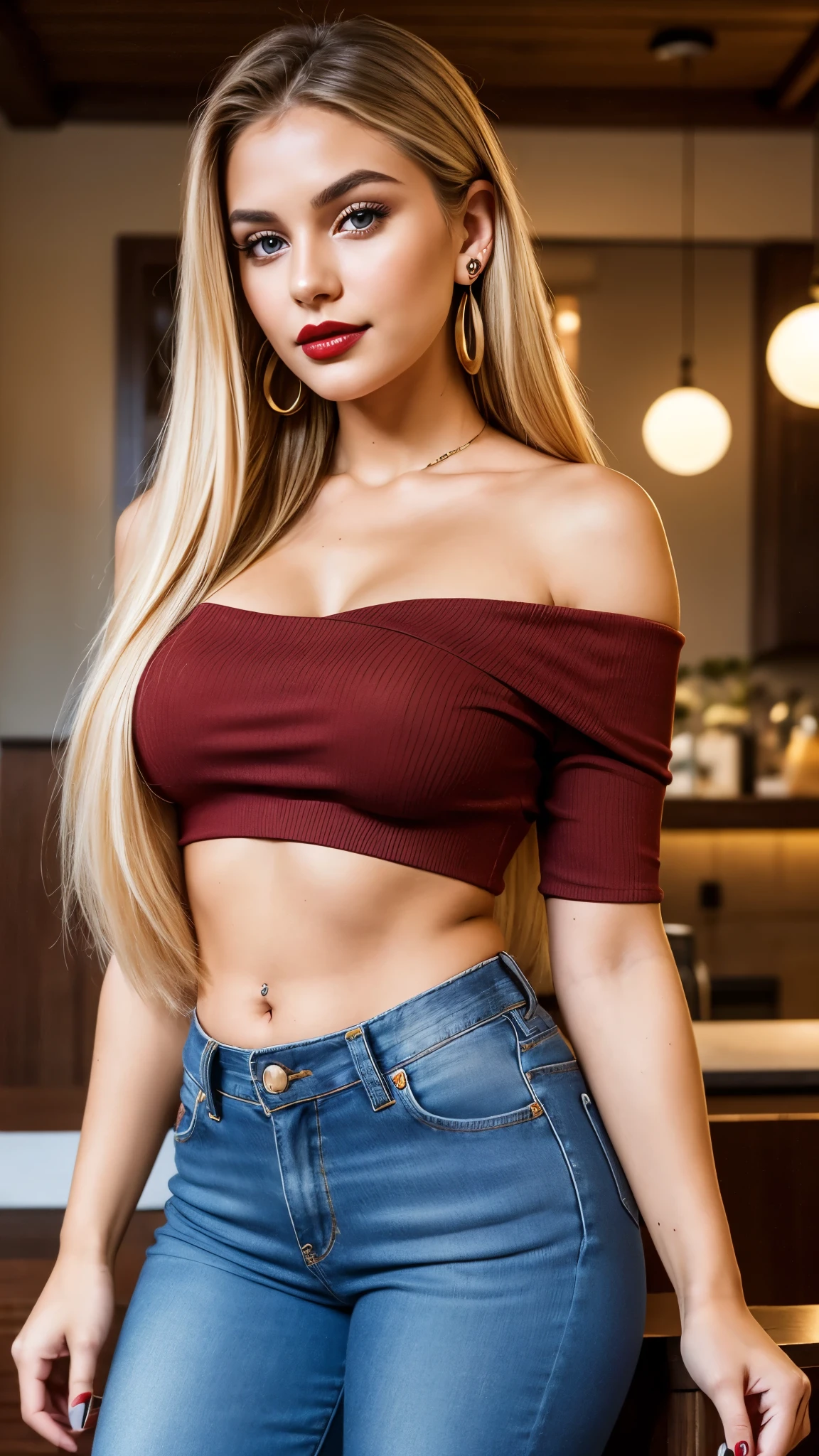 Foto hiperrealista en primer plano de Emily Sears , masterpiece, best quality, (photorealistic:1.4), full body, (red luxury cropped tube top:1.2) and (blue jeans:1.2), room, stone floor, cinematic light, beautiful woman, skinny, large breastsr, straight hair, detailed face, smile, photo taken from a distanced