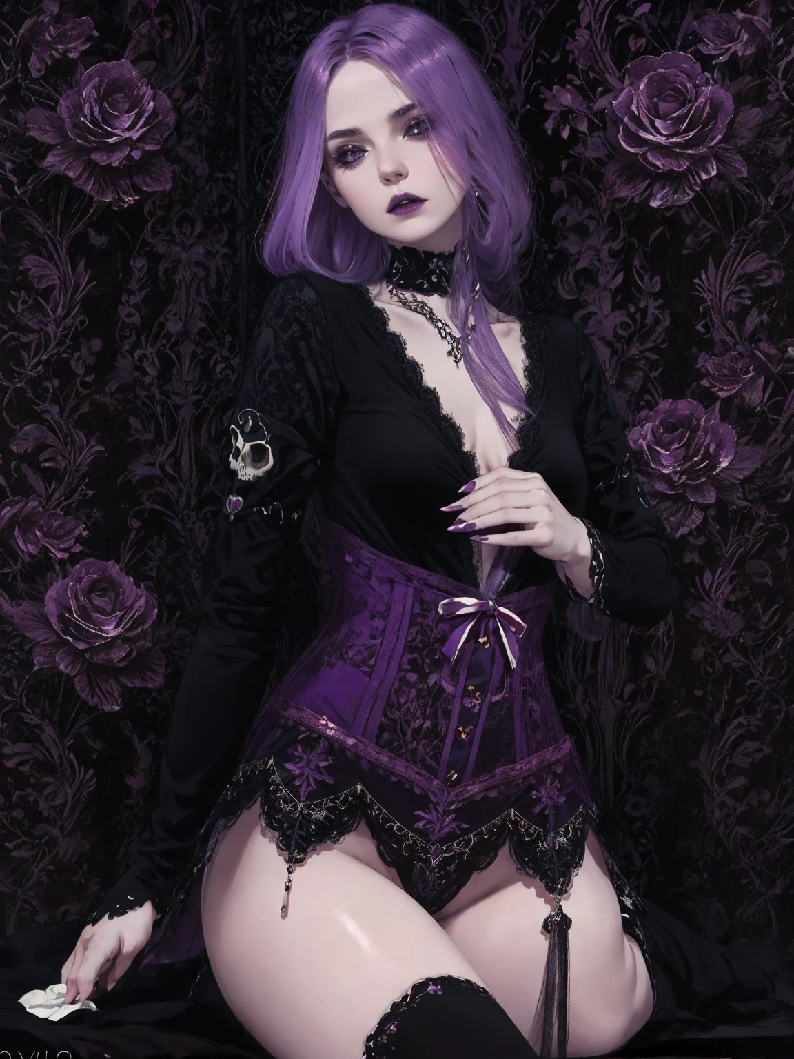 Create an extravagant full-body portrayal of a woman in Gothic style, Emphasis on "woman" theme. The design should feature Gothic elements such as lace, Ribbons, and Victorian details, presents an elegant and complicated style. Use a color palette of black, White, and pastel colors, to capture the unique Gothic aesthetic. The design must be eye-catching, with the woman centered in the image against a White background. It should fit well into the room, Make sure, that it does not touch the edges of the canvas.Yakuza tattoos, Woman has a feminine muscular body stature, Woman wearing a long maxi lolita skirt, purple Hair