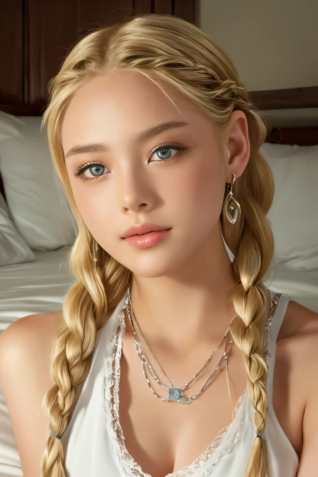 beautiful young girl , Blond woman with braided hair and green eyes poses in bed, Blonde braids and blue eyes, perfect face, depth of field, very beautiful face tied up with chains over and over, blond hair with ピグテールs, cinematic lighting, ピグテール braids, A beautiful blonde woman