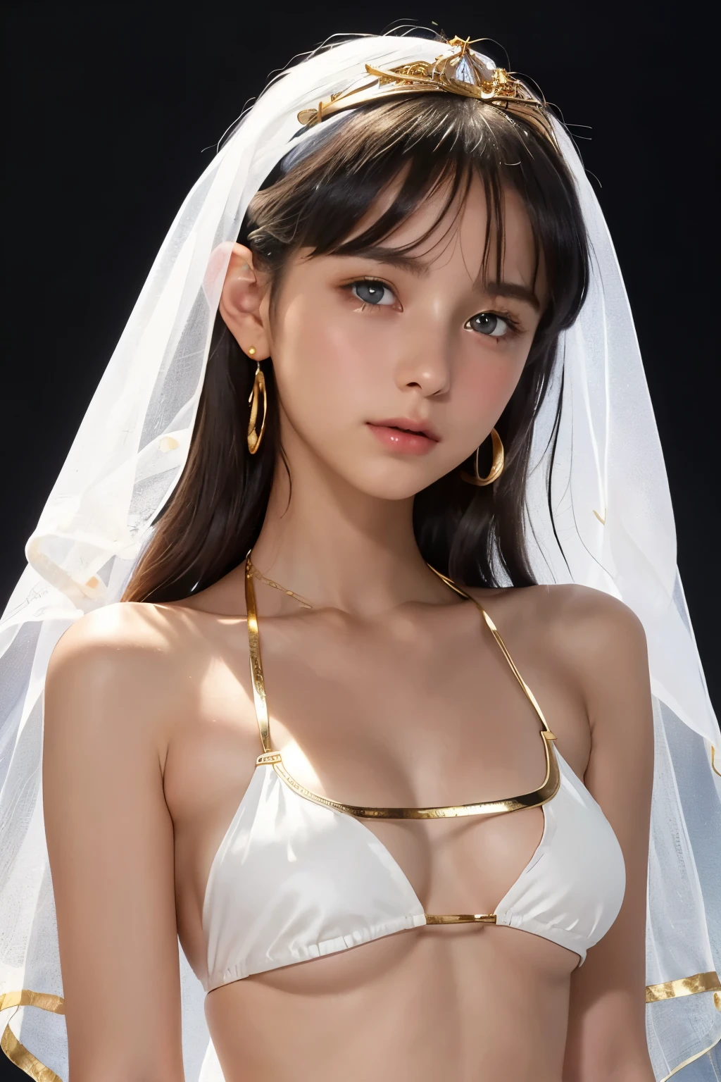 best quality, masterpiece, young french girl, blue eyes, (yo:1.4), ((tanned skin)), (silhouette lighting:1.1), (upper body:1.3), medium hair with bangs, large breast, (white silk bikini with gold accents:1.2), (underboob:1.4), ((tiara, face veil)), solid black background