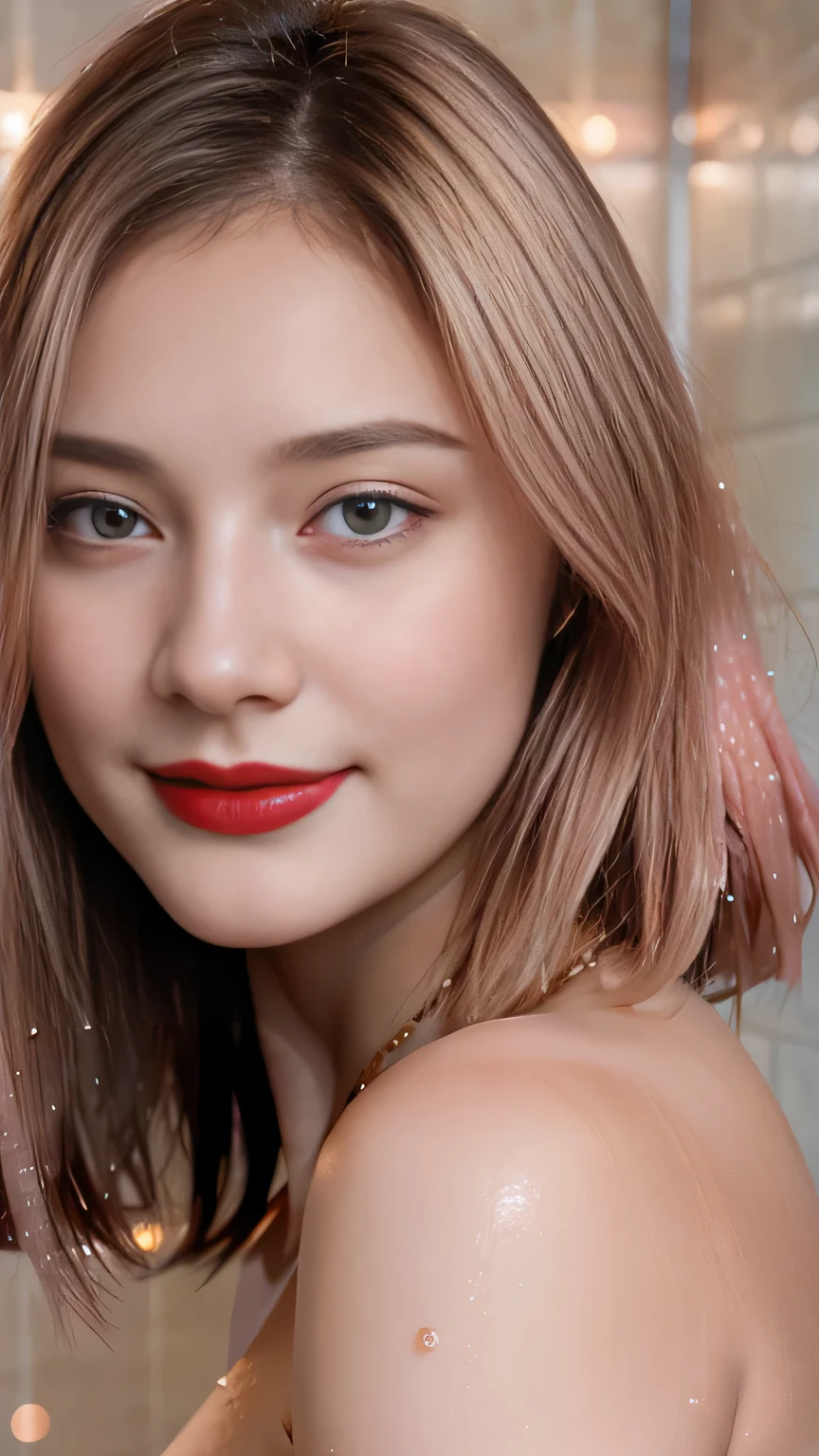 1 Girl, Beautiful, Baby Face, 20 Years Old, White Skin, Gorgeus Girl, red lipstick, sensual Lipstick, Sensational Make up, Colossal Breasts, Movie Lighting, Futuristic, ((nude)), Rose Eye, Muscles, Bokeh, Masterpiece, Medium Bob, Rose-Gold Hair, Shower Room, wet, Smile