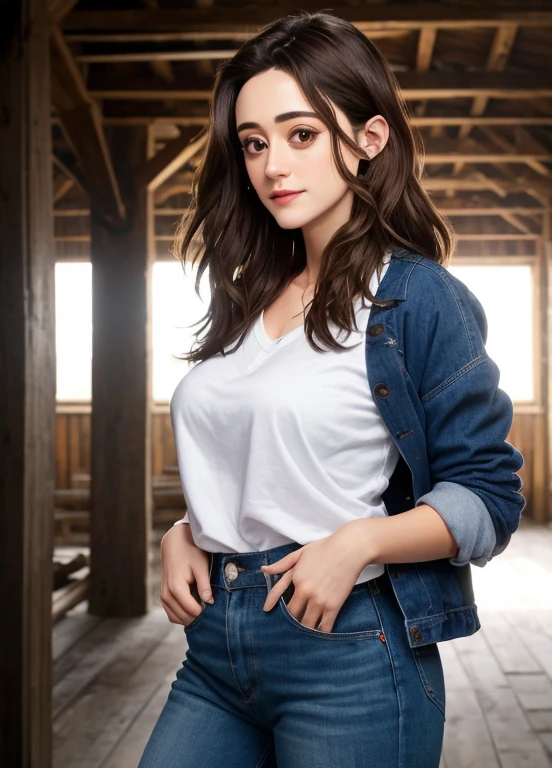 Emmy Rossum, proud Big Breasts, vary long hair, wearing casual wear , with dark brown hair, background barn epic (photo, studio lighting, hard light, sony a7, 50 mm, white skin, pores, colors, hyperdetailed, hyperrealistic),  