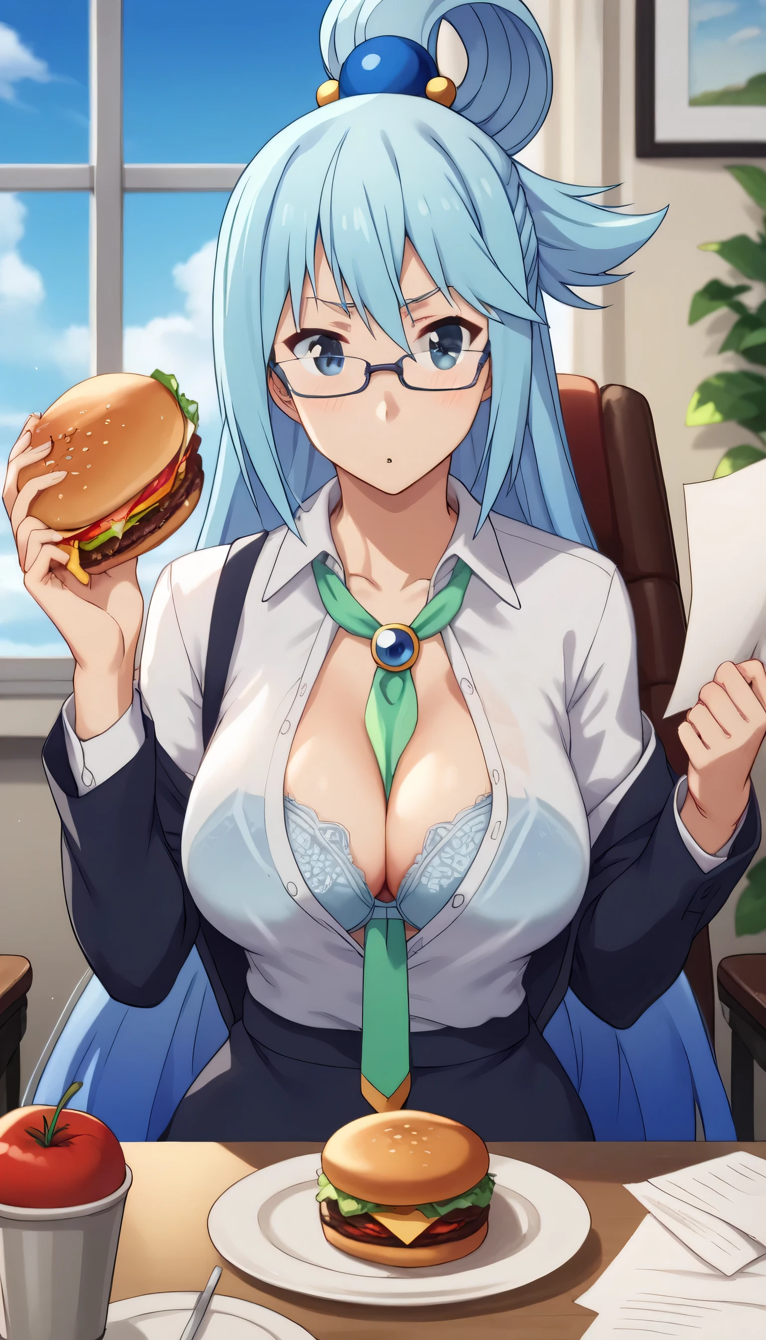 1girl, breasts, burger, underwear, food, bra, solo, , necktie, glasses, open_clothes, blue_eyes, office_lady, large_breasts, shirt, , blue_bra, holding, cleavage, , sitting, rimless_eyewear, looking_at_viewer, indoors, open_shirt, , lettuce, chair, plate, day, between_breasts, off_shoulder, white_shirt, , slit_pupils, jacket, sky, cloud, collared_shirt, , holding_food, window, necktie_between_breasts, suit, blush, skirt, long_sleeves, formal, parted_bangs, black_jacket, bangs, unbuttoned, unbuttoned_shirt, blue_sky, dress_shirt, paper, tomato,aqua \(konosuba\), blue eyes, very long hair, hair rings, hair bobbles, single hair ring, blue hair, hair ornament, long hair,