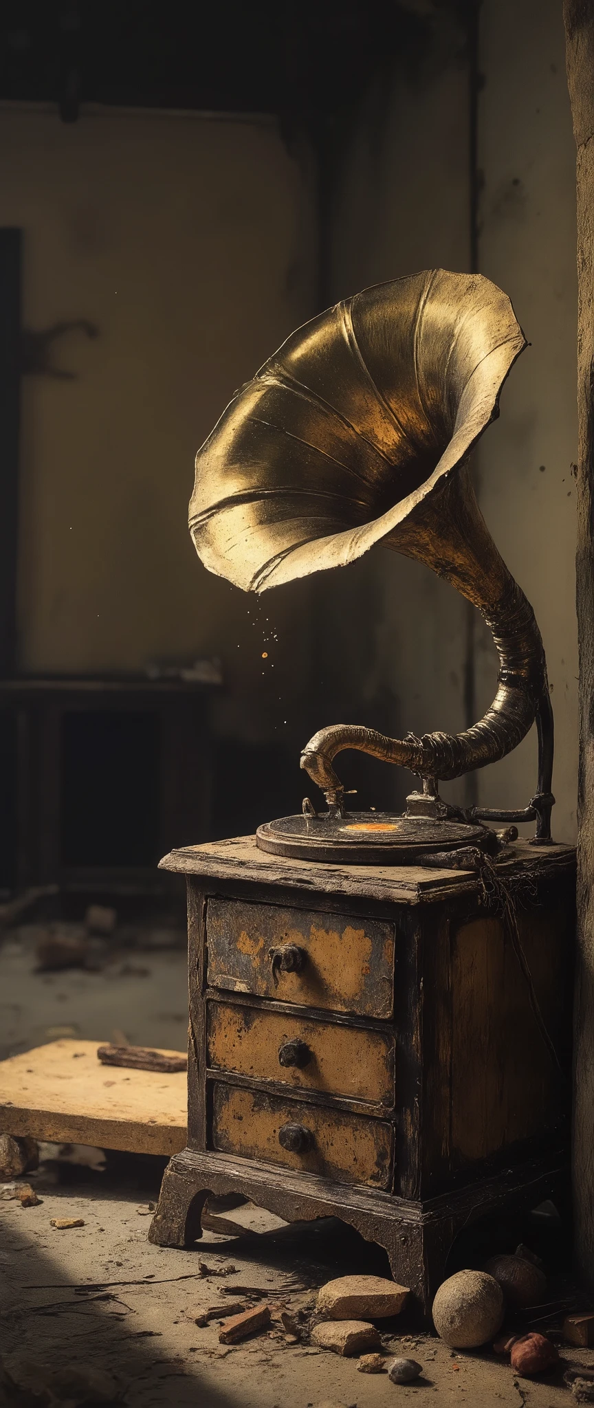 A broken and battered old gramophone beautifully displayed in a dark house\(old, no one lives anymore\). Light shines through the cracks in the wall and illuminates the gramophone beautifully. dust drifting in the air. no one is there to listen to it anymore, lonely atmosphere..great advertisement photo. golden hour.great focus on record player, beautiful bokeh.very effective camera work.