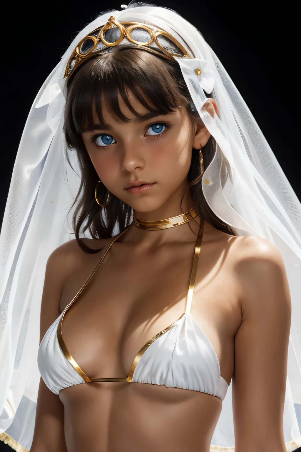 best quality, masterpiece, young french girl, blue eyes, (****:1.4), ((tanned skin)), (silhouette lighting:1.1), (upper body:1.3), medium hair with bangs, large breast, (white silk bikini with gold accents:1.2), (underboob:1.4), ((tiara, face veil)), solid black background