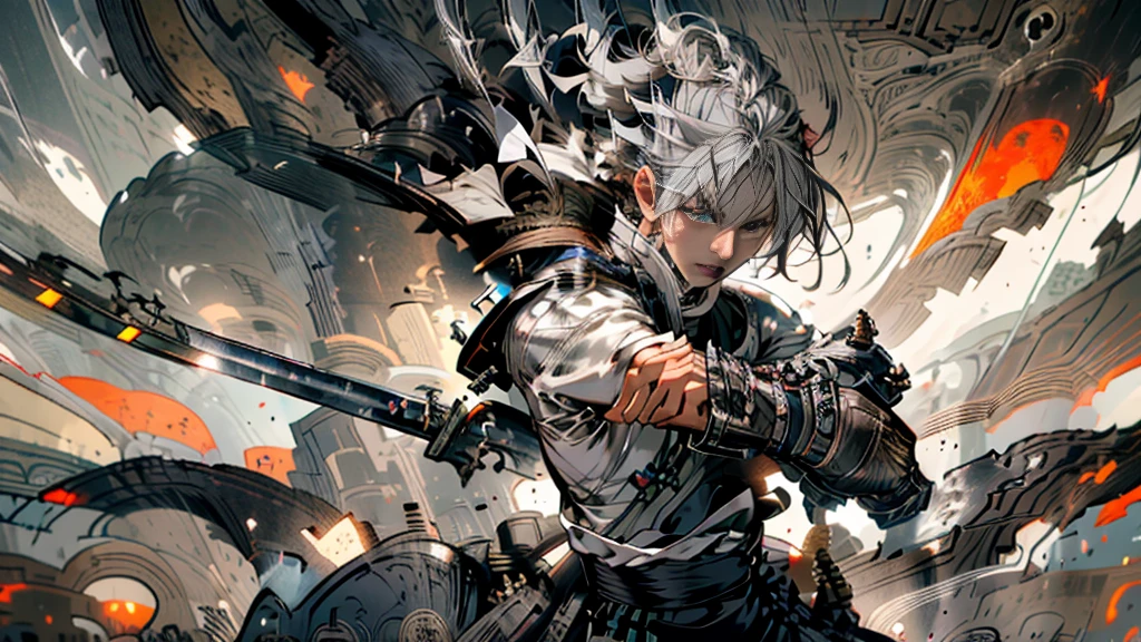  Silver Hair,Please let me hold the sword ,samurai,warrior,antiquity,burning background ,male,fight, black hair,Cat earsをつけてください,Full of dynamism, High Quality , masterpiece,Cat ears, Silver Hair,Cat ears,Sparkling blue eyes,Cat ears