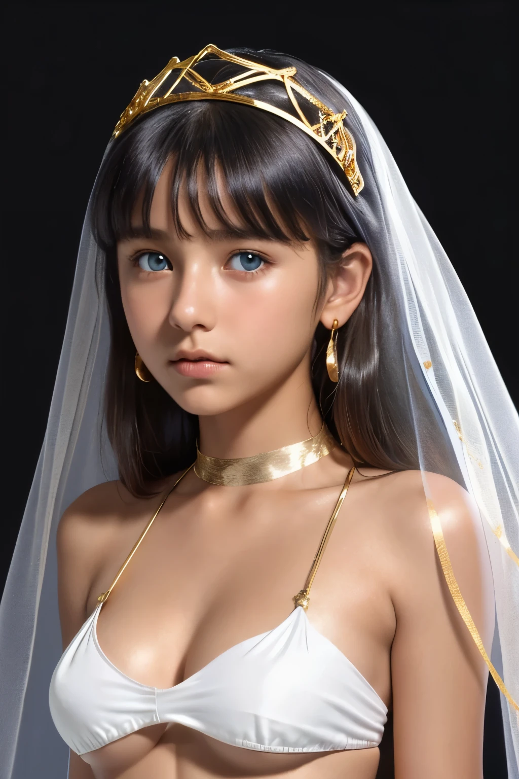 best quality, masterpiece, young french girl, blue eyes, (yo:1.4), ((tanned skin)), (silhouette lighting:1.1), (upper body:1.3), medium hair with bangs, large breast, (white silk bikini with gold accents:1.2), (underboob:1.4), ((tiara, face veil)), solid black background