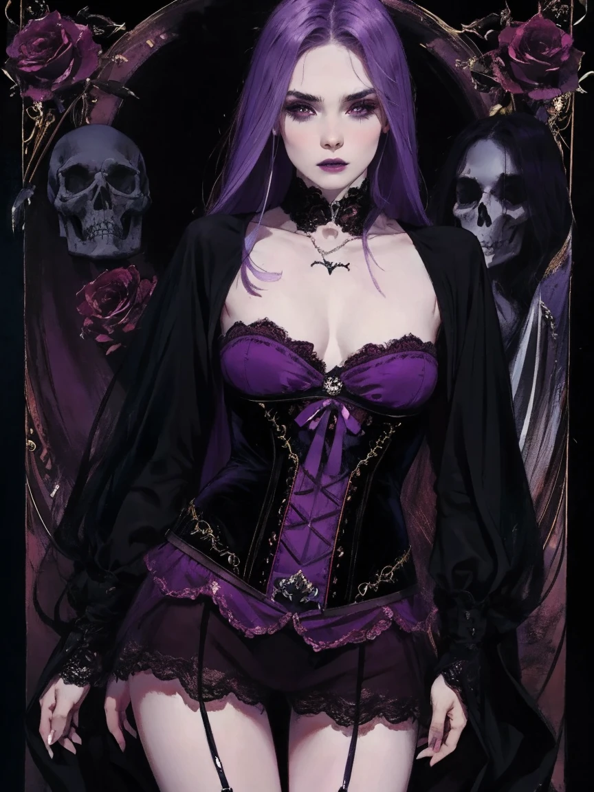 coven ahri, 1girl, dress, detached sleeves, multicolored hair, black hair with white big hair streaks, bangs, wavy black, wavy hair, animal ears, yellow eyes, very pale skin, dark purple makeup, black lipstick, dark ambient setting with dark illumination, set in the bewitching night-time, master piece, best quality, she holds a magic light brilliant rose sphere with a animal skull within, award winning art, terrific, black hair with big white hair streaks, dark setting, coven, terrific, portrait, close up face, detailed,detailed eyes, elf woman, flowers, wet hair,full body