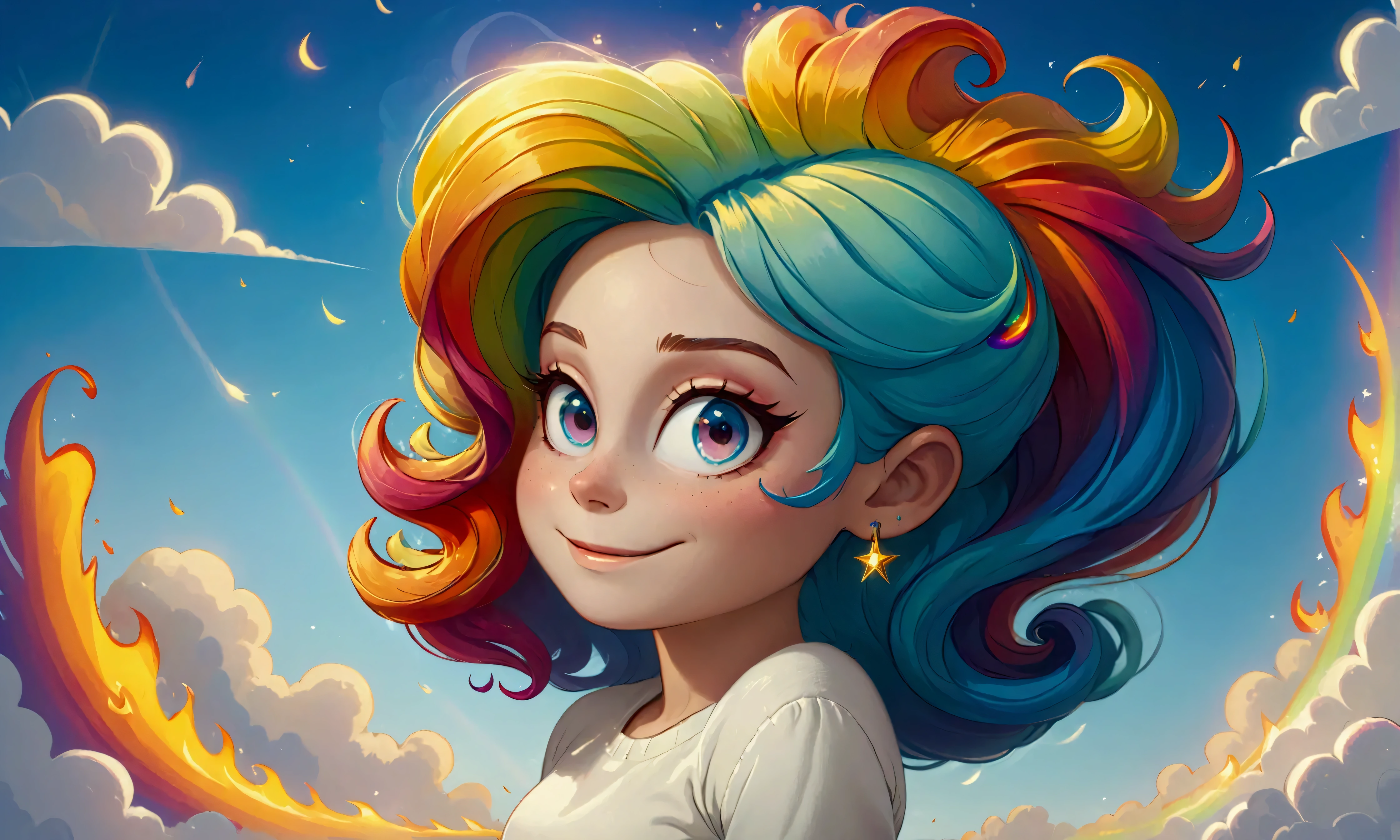 masterpiece , The best quality , extremely detailed 8k wallpaper , on a white wool flame and elegant , With her radiant rainbow hair
She is happy and always shining