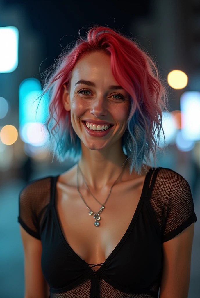 A very close up torso half body view  nighttime portrait of a extremely pale skin athletic skinny thin woman, wearing a see through fishnet capsleeve top, silver necklace, has red/blue hair,  masterpiece, high quality 8k, she is standing outside in downtown New York City smiling with a cute bright smile, photo is taken at night


This photo is taken at night, very bright white lighting shining on her body


capsleeves are very wide, leaving her armpit skin fold fully visible and exposed, Cap sleeves are designed to cover the shoulder but not extend fully over the arm, often ending just past the shoulder. In this case, the woman's cap-sleeve gown is short enough that her armpits are visible. This could be due to the design of the dress, or it could be a result of the pose she's striking. backlit