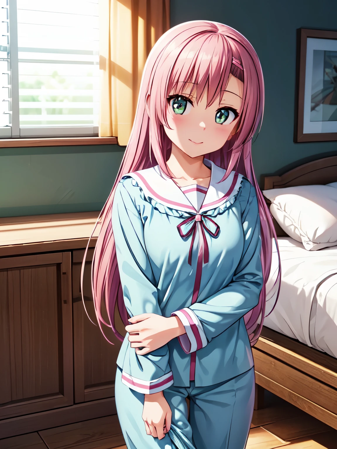  high definition 、 best quality、 super quality、3D Images、Daisies、3D Images、 Hina Katsura is cute no matter who sees them 、 pink hair、 very long hair、 straight hair 、 very detailed CGユニティ8k壁紙、[3D Images:1.1]、 charming eyes、 [ detailed eyes on board、 colorful eyes、Shining Eyes:1.5]]、 super detailed、Detailed front view of fingers 、 cinematic lighting、Hinagiku Katsura 、Cute for everyone to see、bedroom、bet、Light blue pajamas、The absolute standard for wearing light blue pajamas 、  in a skirt {x} very detailed face、  very detailed CG、 Cowboy Shot 